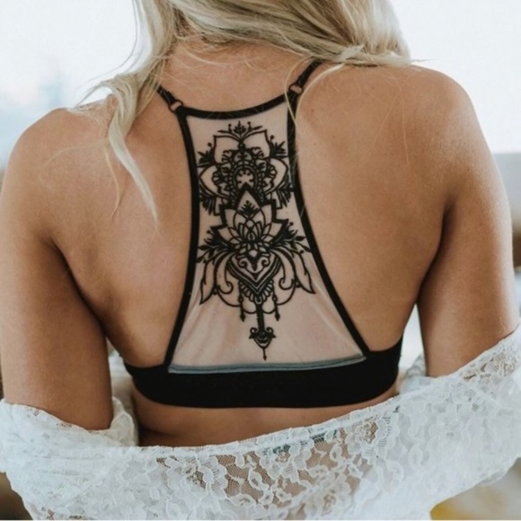 Black Tattoo Mesh Lace Back Racerback Bralette - Picture 1 of 4